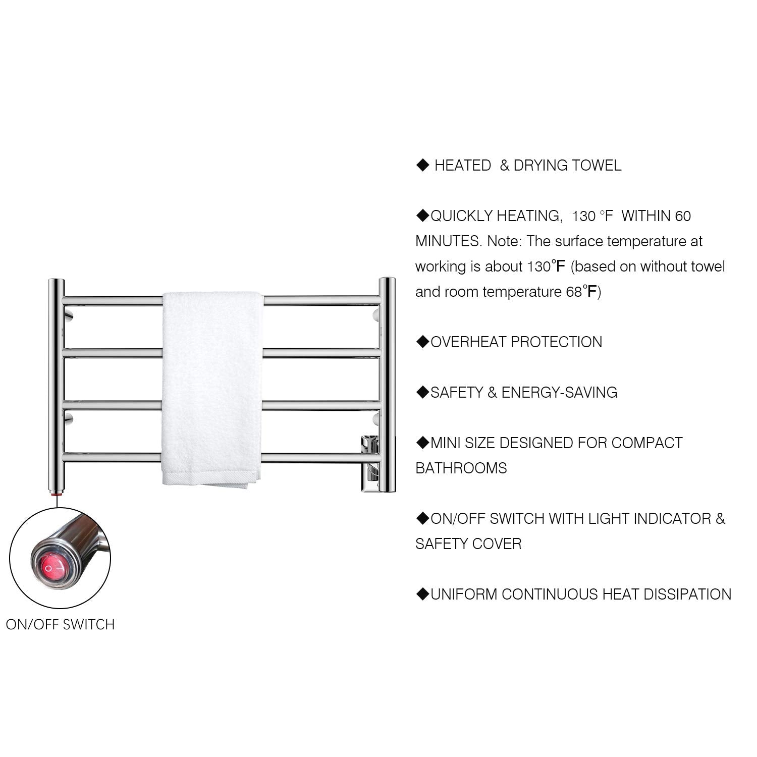 Towel Warmer 4 Straight Bar 26"x16" Wall-Mounted Plug-In, Hardwired Mirror Polish