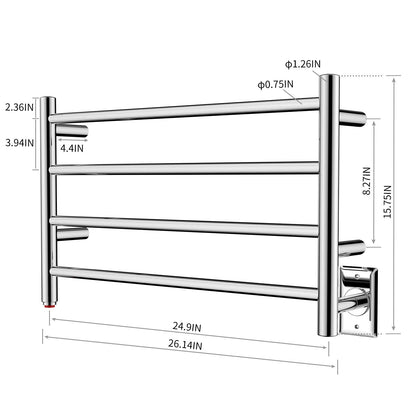 Towel Warmer 4 Straight Bar 26"x16" Wall-Mounted Plug-In, Hardwired Mirror Polish