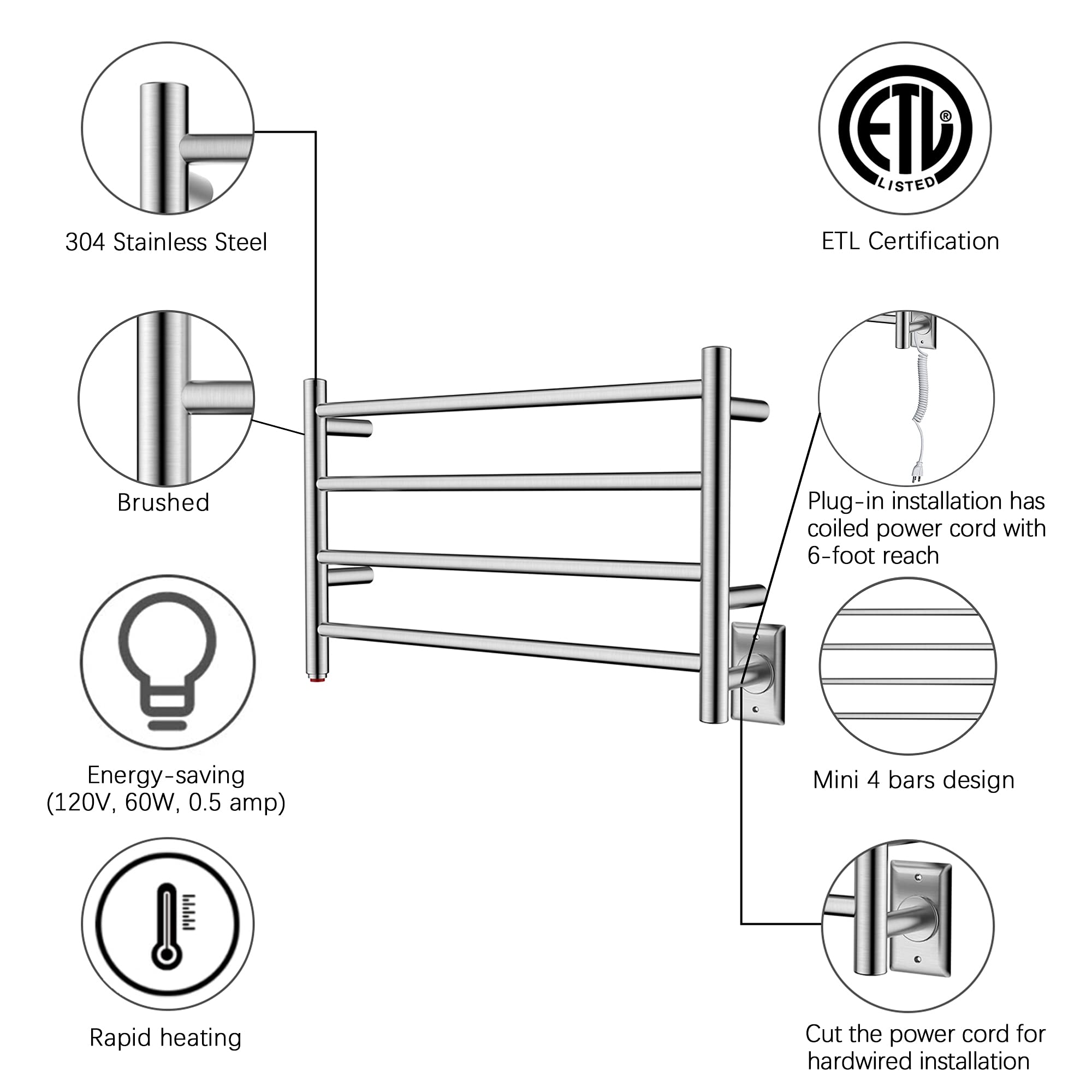 Towel Warmer 4 Straight Bar 26"x16" Wall-Mounted Plug-In, Hardwired Brushed Polish