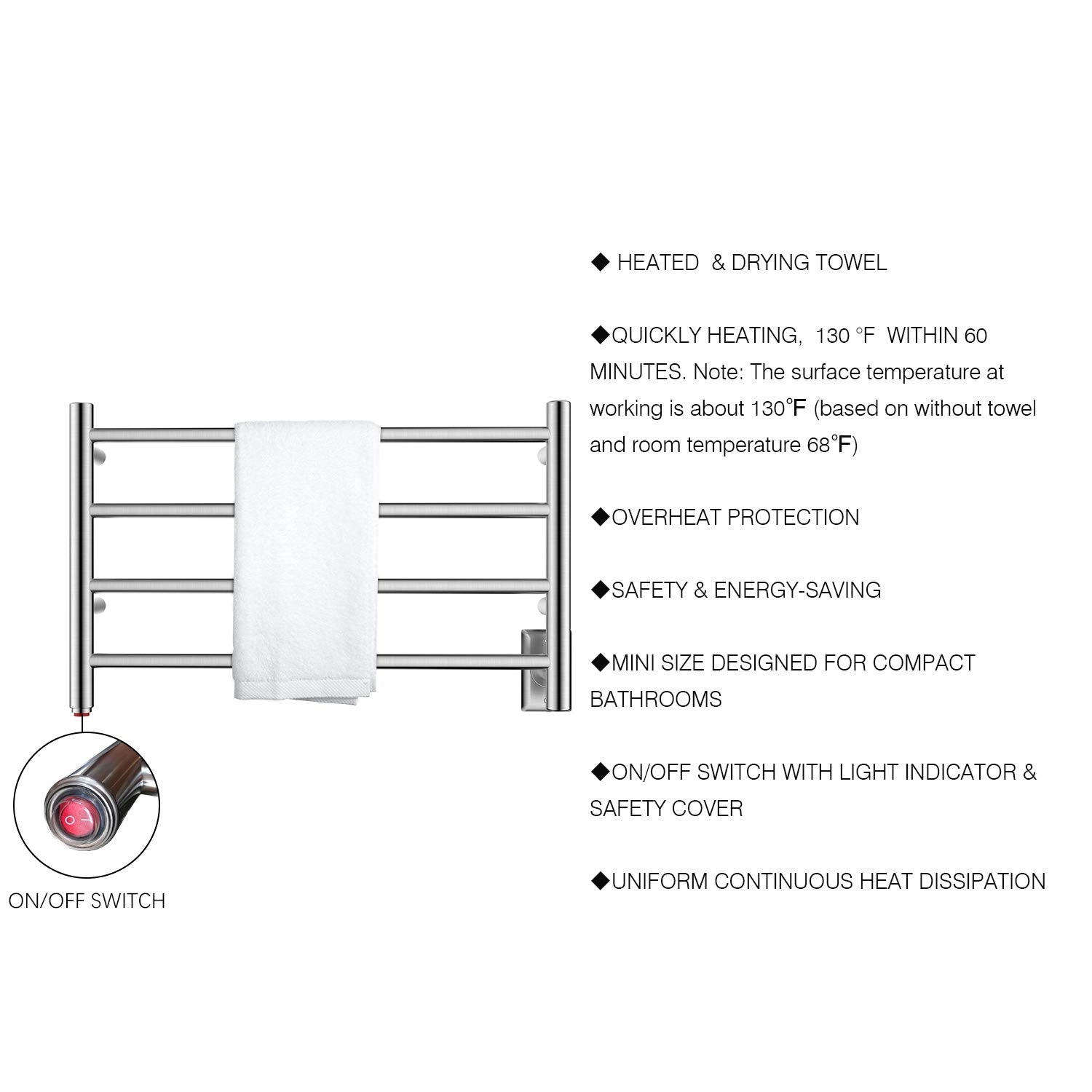 Towel Warmer 4 Straight Bar 26"x16" Wall-Mounted Plug-In, Hardwired Brushed Polish