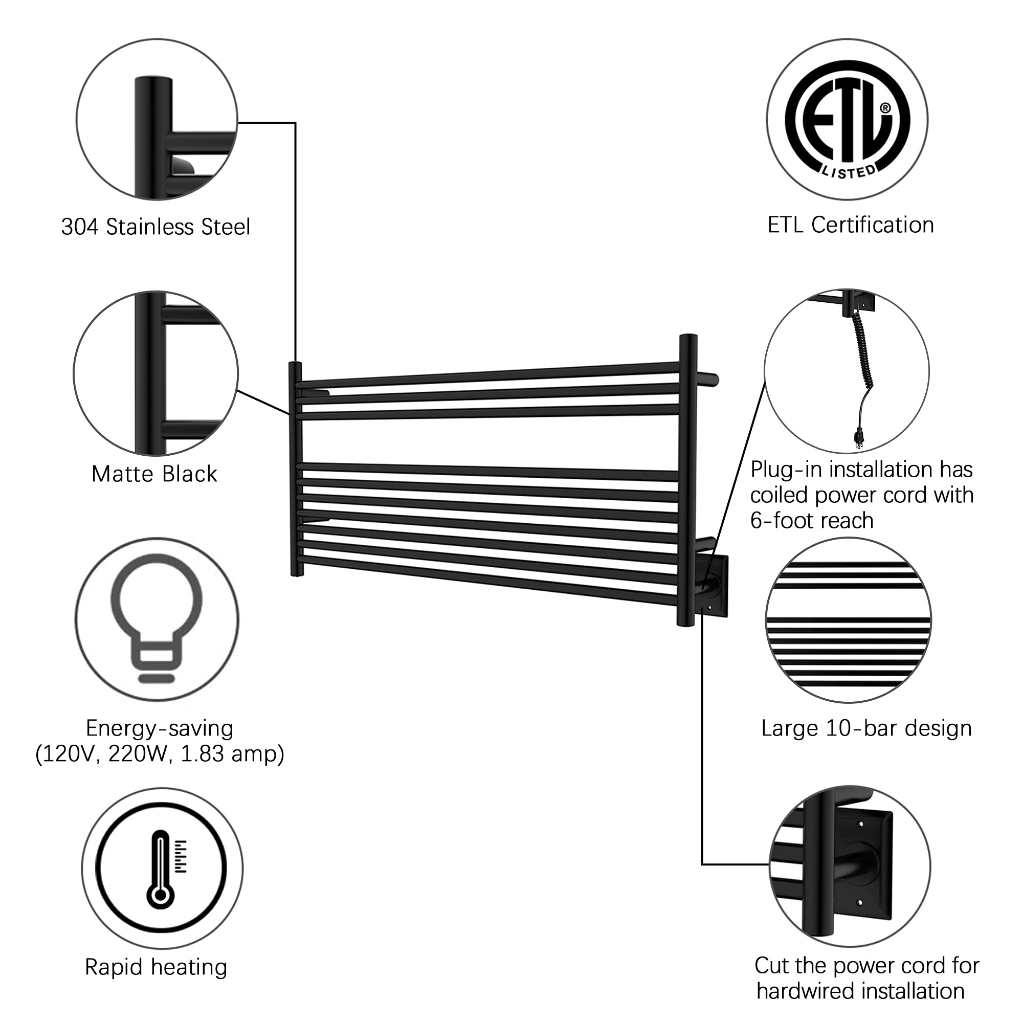 Towel Warmer 10 Straight Bar 42"x20" Wall-Mounted, Hardwired/Plug-In Matte Black