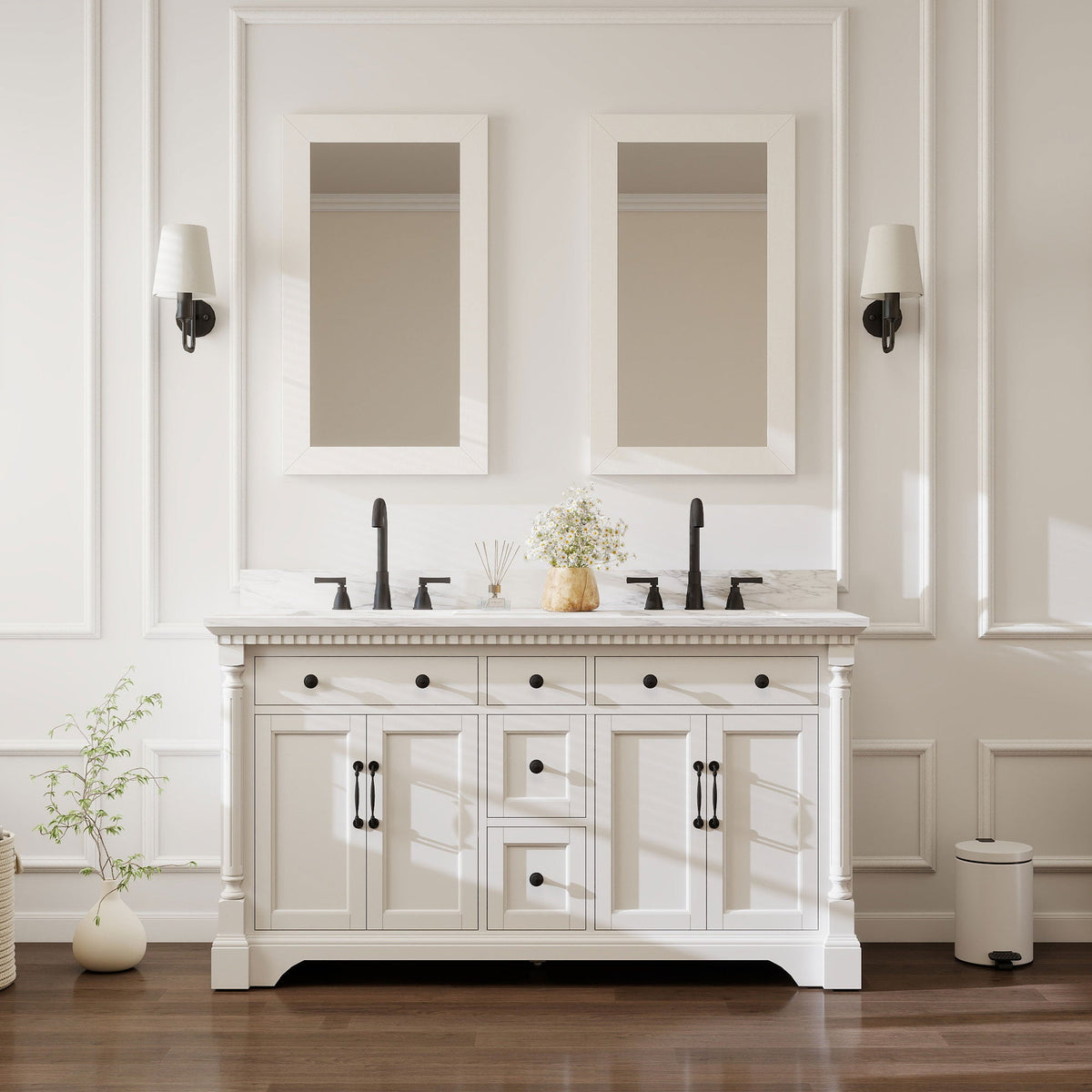 Acro 60" Double Sink Freestanding Bath Vanity with Stone Top, Solid Wood, Soft-Close, Assembled