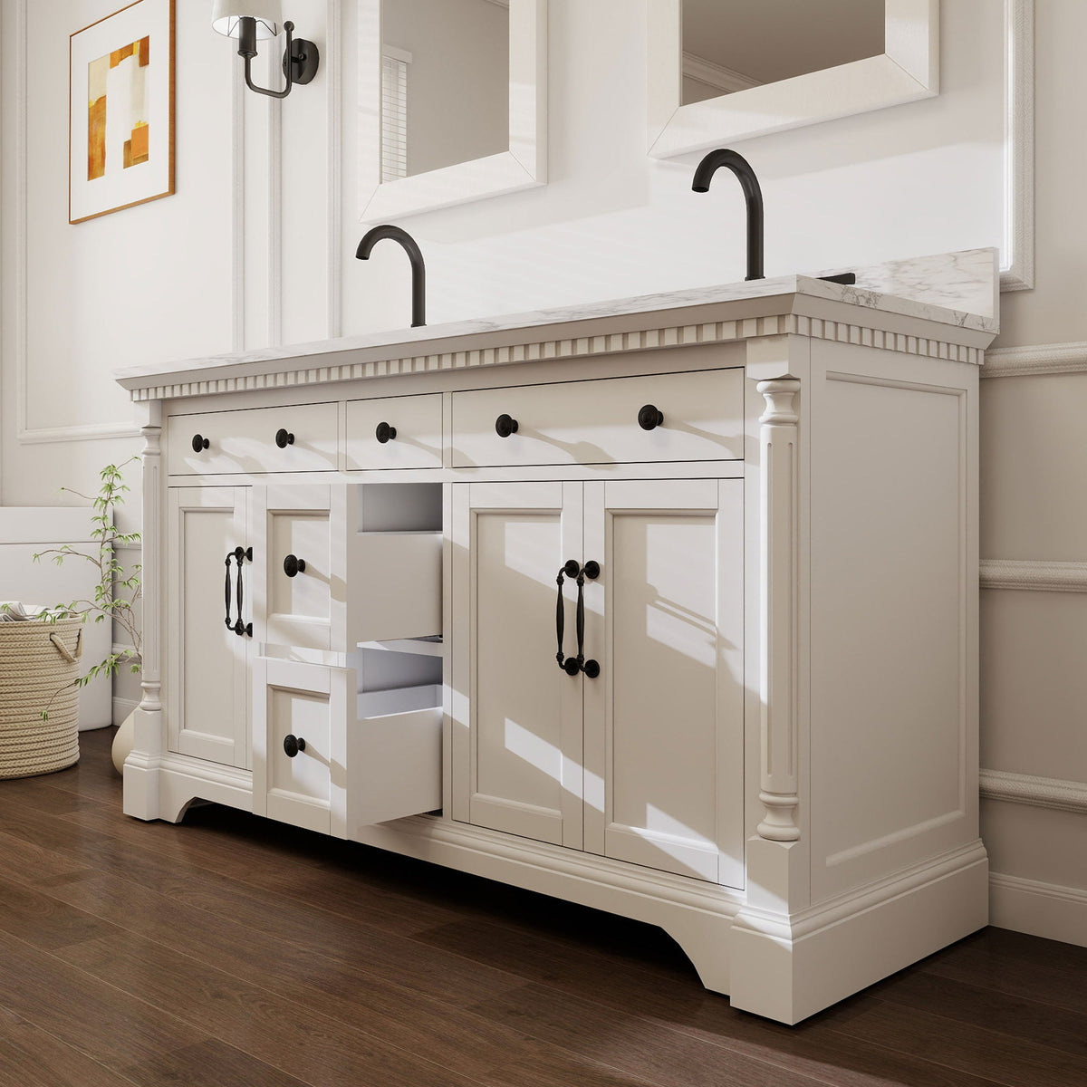 Acro 60" Double Sink Freestanding Bath Vanity with Stone Top, Solid Wood, Soft-Close, Assembled