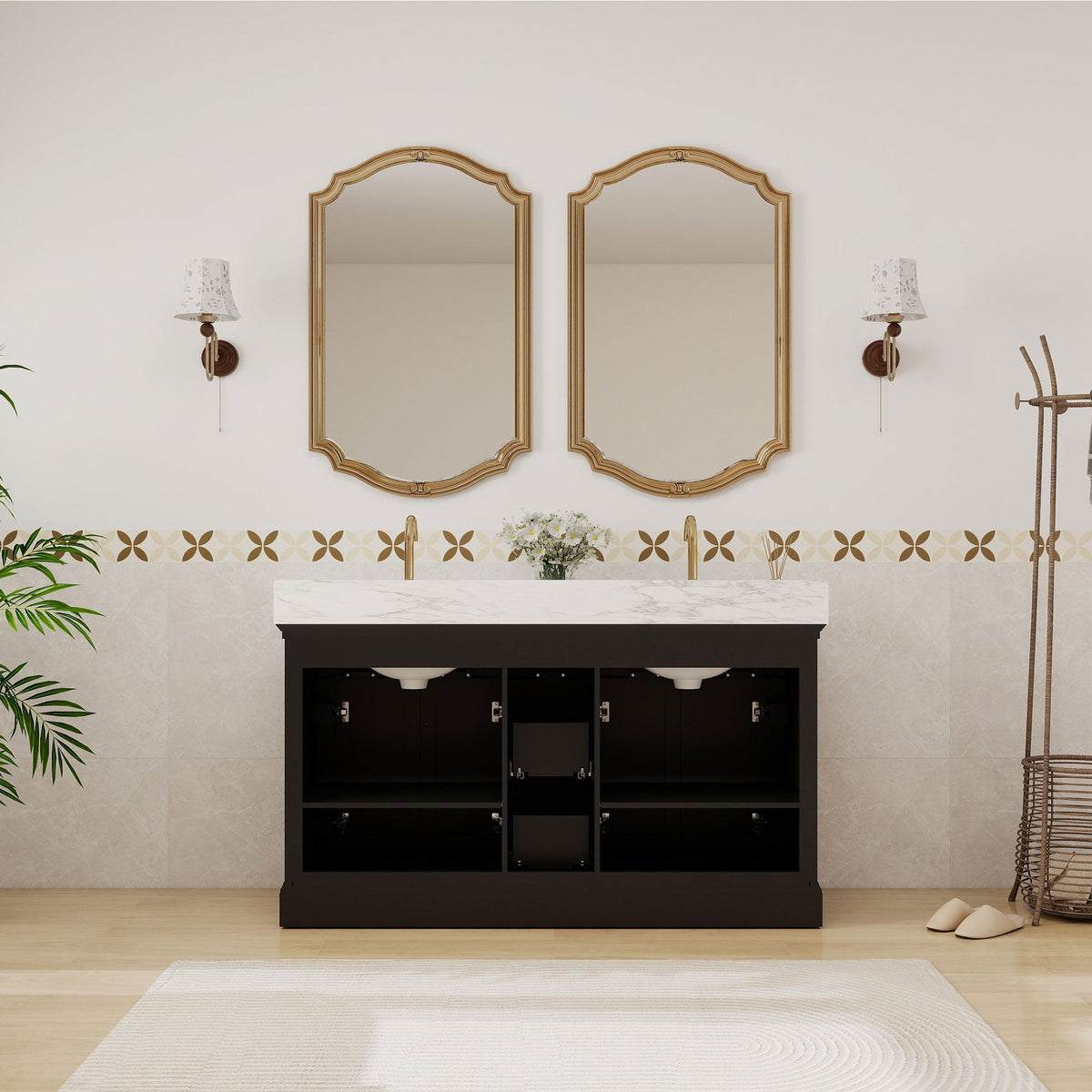 Acro 60" Double Sink Freestanding Bath Vanity with Stone Top, Solid Wood, Soft-Close, Assembled