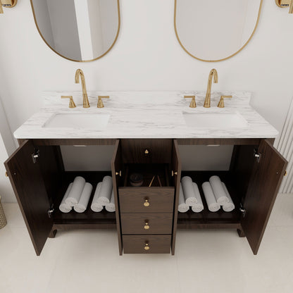Canyon 60" Double Sink Freestanding Bath Vanity with Stone Top, Solid Wood, Soft-Close, Assembled