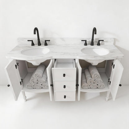 Elara 60" Double Sink Freestanding Bath Vanity with Stone Top, Solid Wood, Soft-Close, Assembled