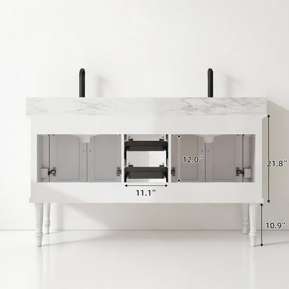 Elara 60" Double Sink Freestanding Bath Vanity with Stone Top, Solid Wood, Soft-Close, Assembled