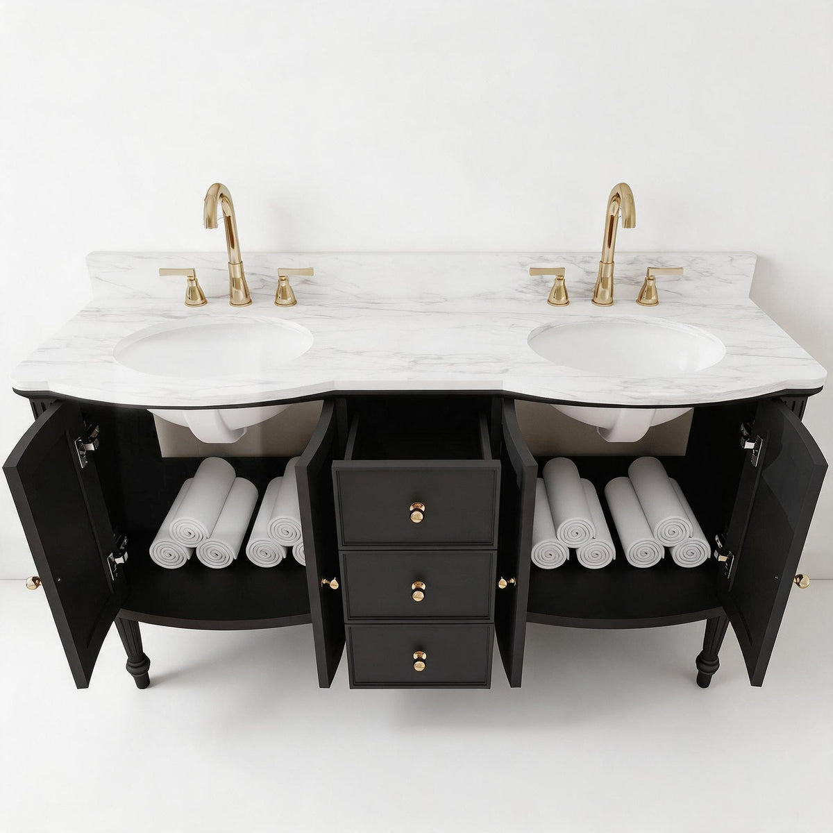 Elara 60" Double Sink Freestanding Bath Vanity with Stone Top, Solid Wood, Soft-Close, Assembled