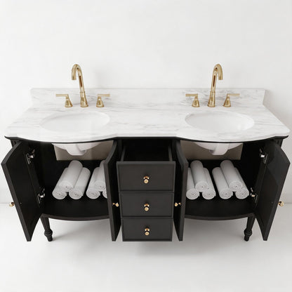 Elara 60" Double Sink Freestanding Bath Vanity with Stone Top, Solid Wood, Soft-Close, Assembled
