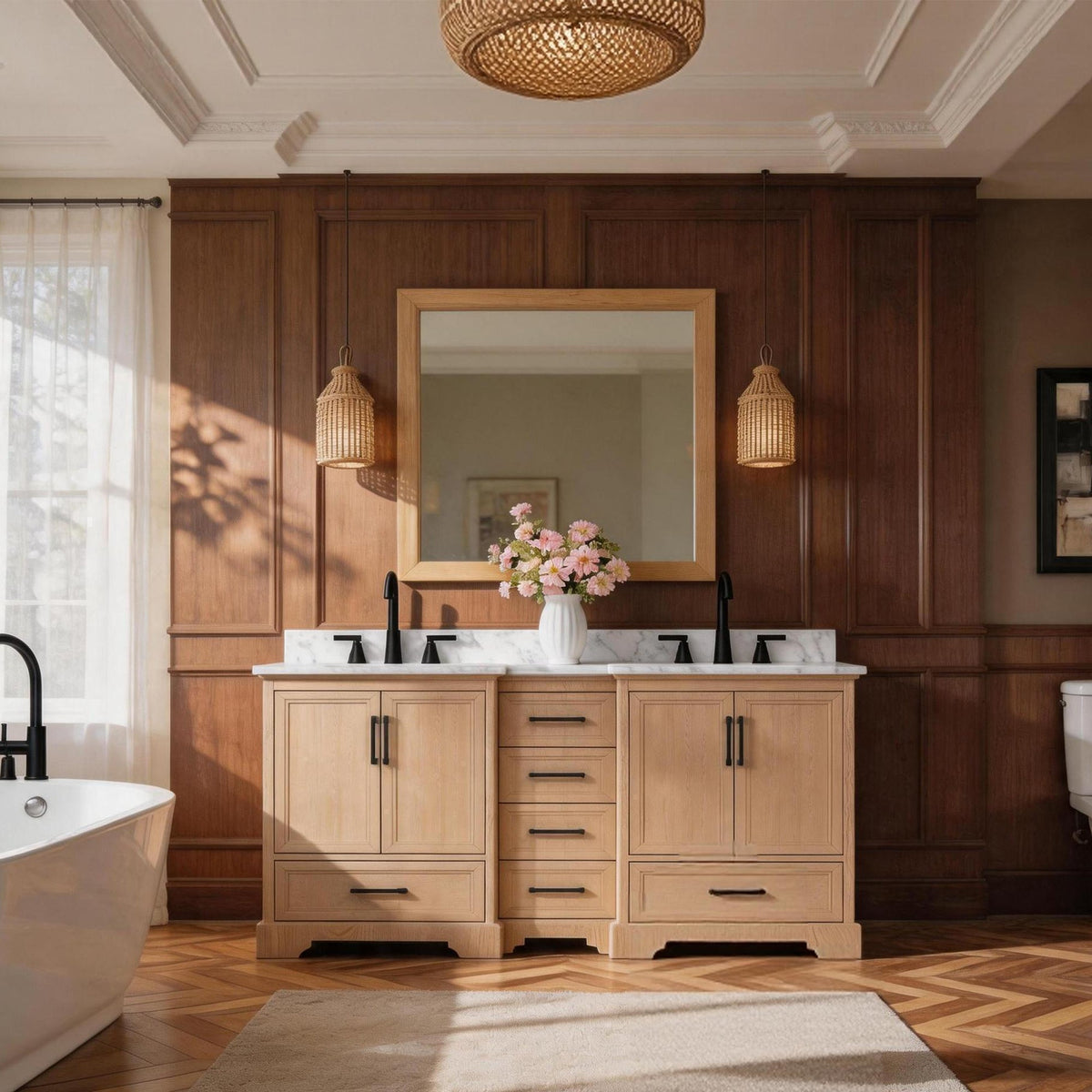 Nobilis 60" Double Sink Freestanding Bath Vanity with Stone Top, Solid Wood, Soft-Close, Assembled