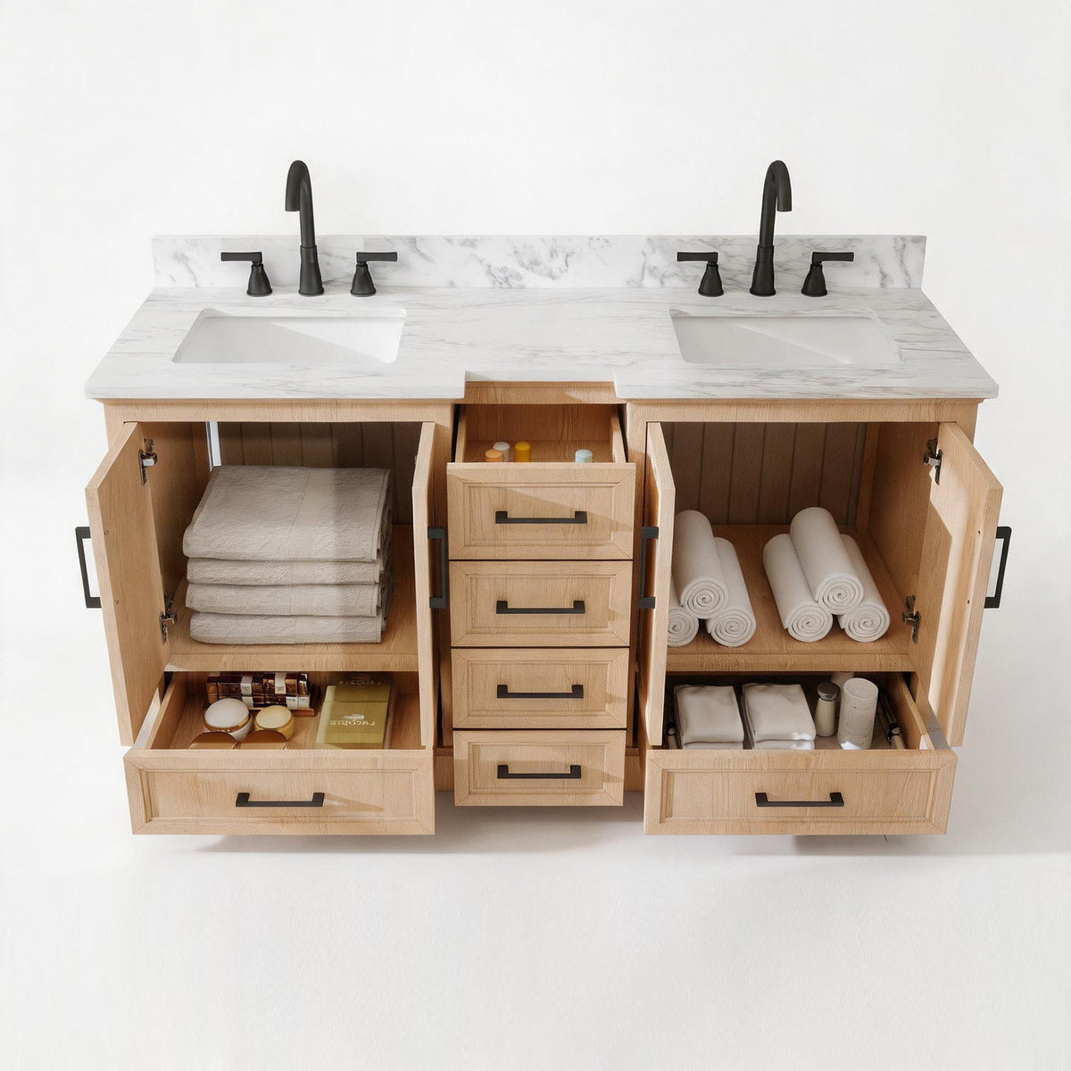 Nobilis 60" Double Sink Freestanding Bath Vanity with Stone Top, Solid Wood, Soft-Close, Assembled