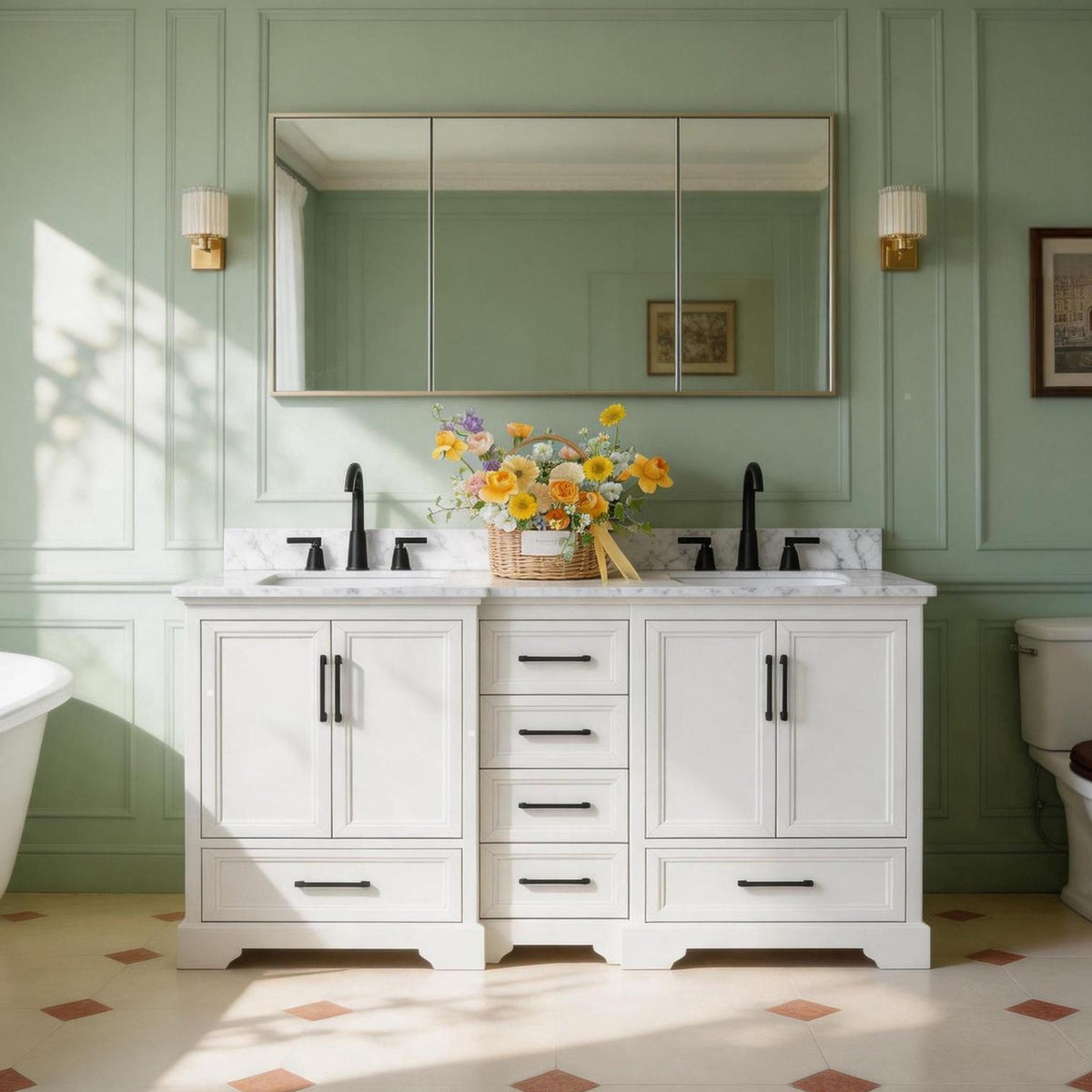 Nobilis 60" Double Sink Freestanding Bath Vanity with Stone Top, Solid Wood, Soft-Close, Assembled