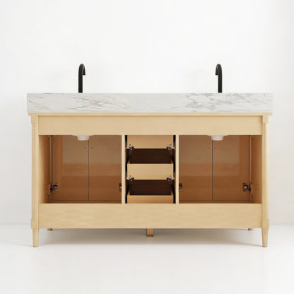 Vantara 60" Double Sink Freestanding Bath Vanity with Stone Top, Solid Wood, Soft-Close, Assembled
