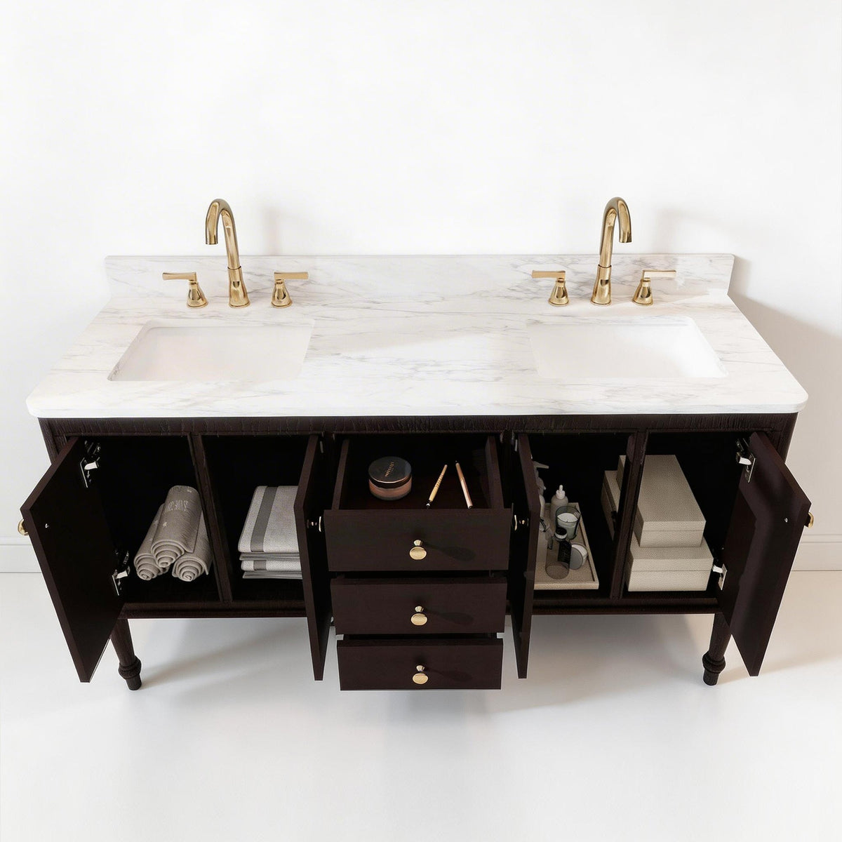 Verve 60" Double Sink Freestanding Bath Vanity with Stone Top, Solid Wood, Soft-Close, Assembled