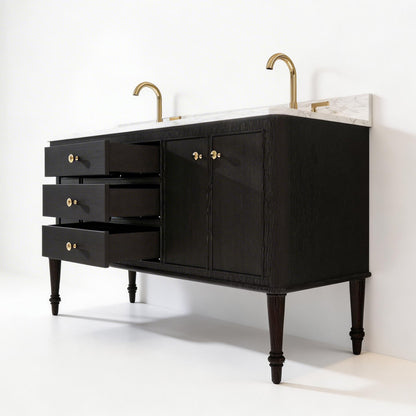 Verve 60" Double Sink Freestanding Bath Vanity with Stone Top, Solid Wood, Soft-Close, Assembled