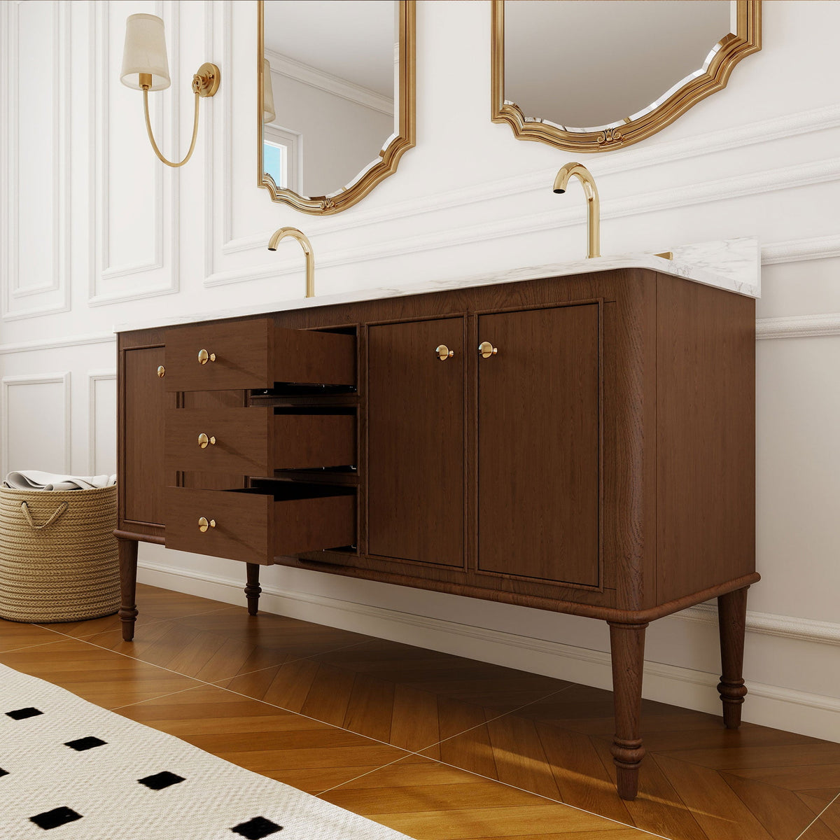 Verve 60" Double Sink Freestanding Bath Vanity with Stone Top, Solid Wood, Soft-Close, Assembled