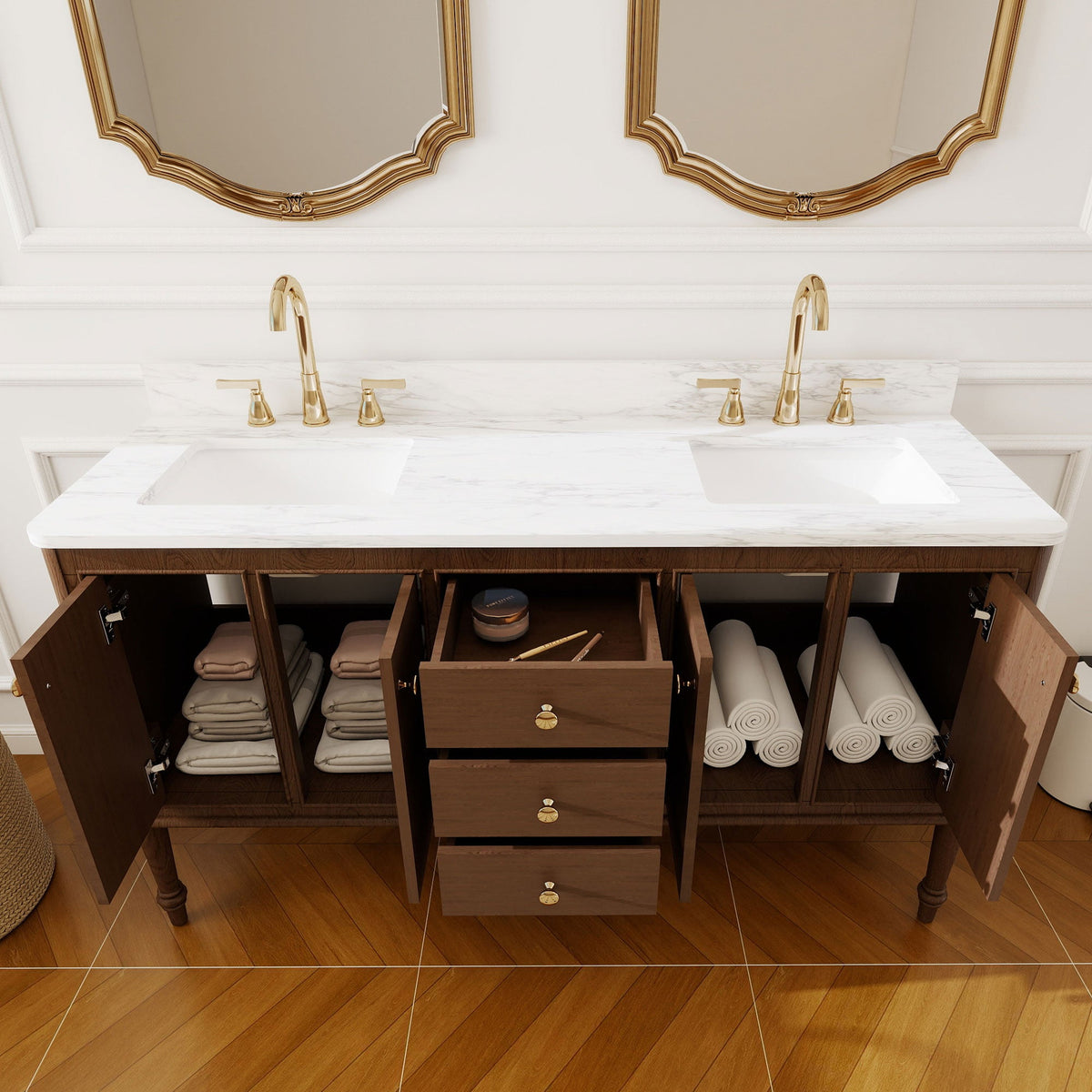 Verve 60" Double Sink Freestanding Bath Vanity with Stone Top, Solid Wood, Soft-Close, Assembled