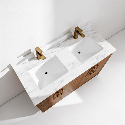Zoom 48" Double Sink Freestanding Bath Vanity with Stone Top, Solid Wood, Soft-Close, Assembled