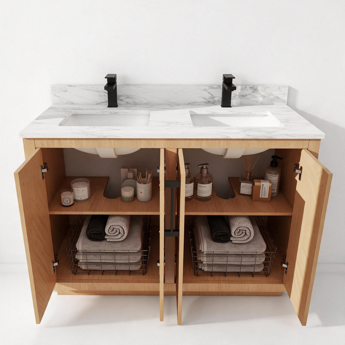 Zoom 48" Double Sink Freestanding Bath Vanity with Stone Top, Solid Wood, Soft-Close, Assembled