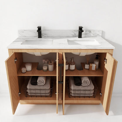 Zoom 48" Double Sink Freestanding Bath Vanity with Stone Top, Solid Wood, Soft-Close, Assembled