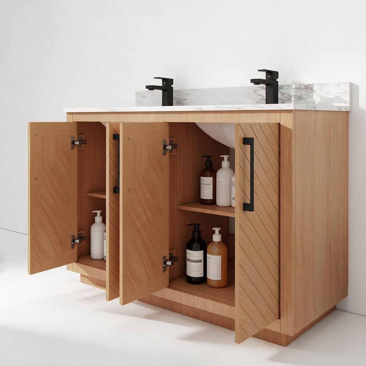 Zoom 48" Double Sink Freestanding Bath Vanity with Stone Top, Solid Wood, Soft-Close, Assembled