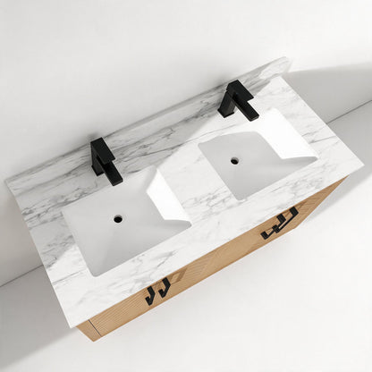 Zoom 48" Double Sink Freestanding Bath Vanity with Stone Top, Solid Wood, Soft-Close, Assembled