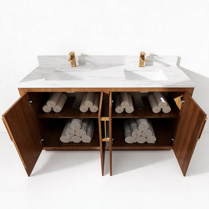 Zoom 60" Double Sink Freestanding Bath Vanity with Stone Top, Solid Wood, Soft-Close, Assembled