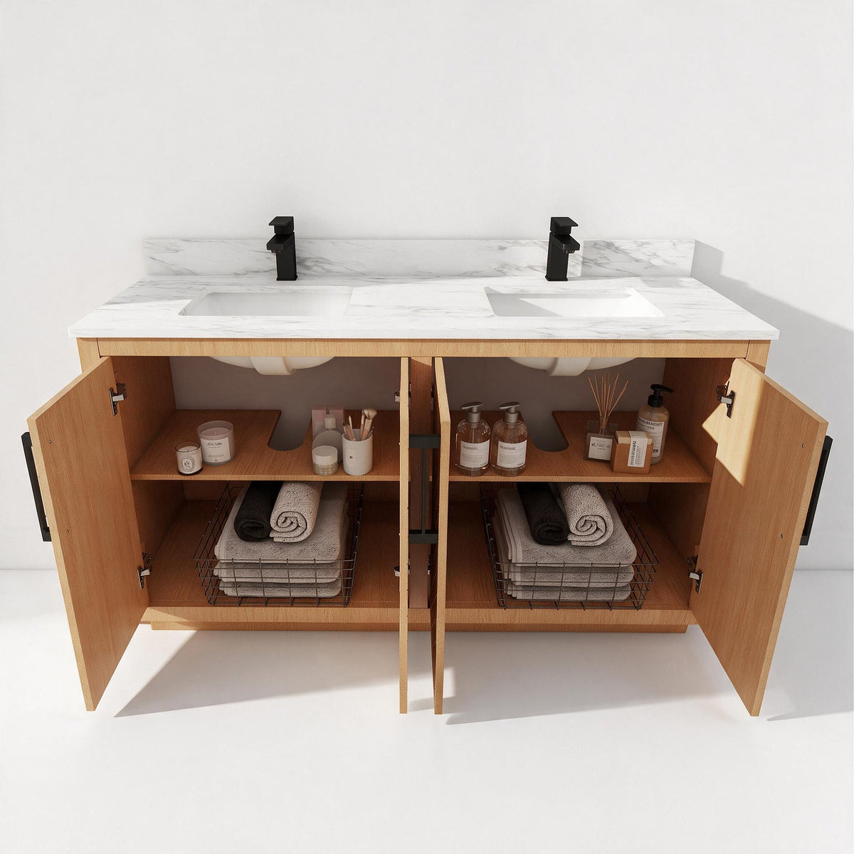 Zoom 60" Double Sink Freestanding Bath Vanity with Stone Top, Solid Wood, Soft-Close, Assembled