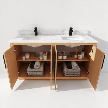Zoom 60" Double Sink Freestanding Bath Vanity with Stone Top, Solid Wood, Soft-Close, Assembled