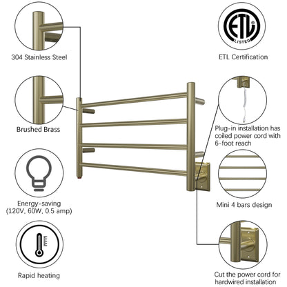 Towel Warmer 4 Straight Bar 26"x16" Wall-Mounted Plug-In, Hardwired Brushed Brass