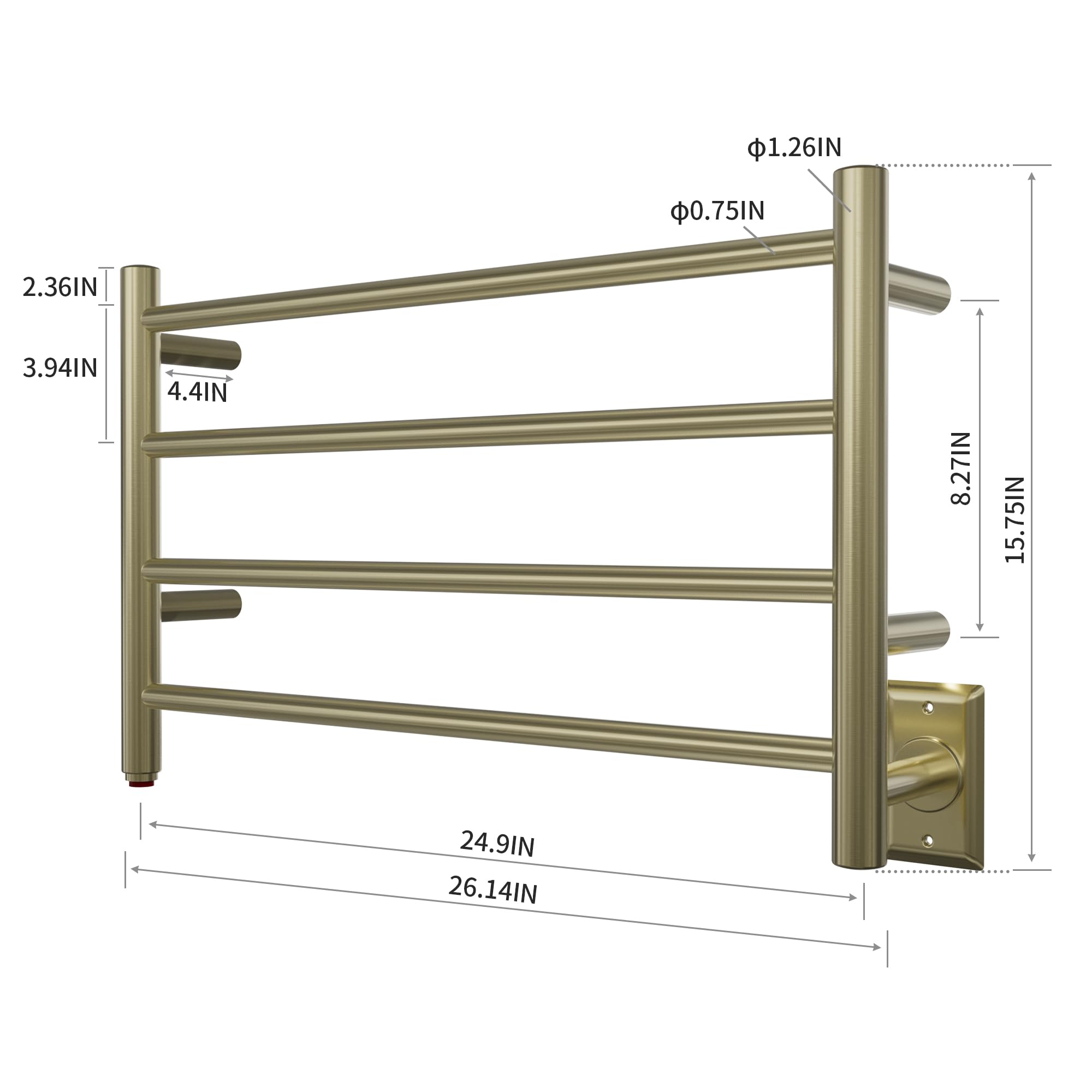 Towel Warmer 4 Straight Bar 26"x16" Wall-Mounted Plug-In, Hardwired Brushed Brass