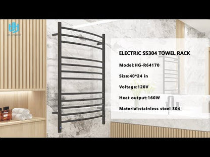 Towel Warmer 12 Curved Bar 24"x40" Built-In Timer, Temperature Control, Wall-Mounted, Hardwired/Plug-in Matte Black