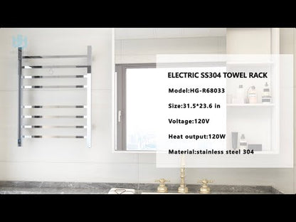 Towel Warmer 8 Square Bar 24"x32" Built-In Timer, Temperature Control, Wall-Mounted, Hardwired/Plug-In Brushed Polish