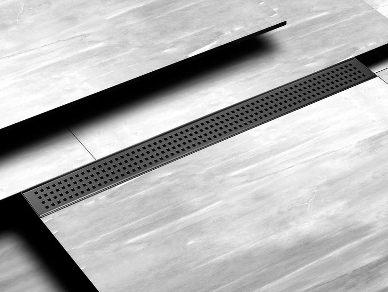 HEATGENE 24"/36" Stainless Steel Linear Rectangle Shower Floor Drain with Removable Quadrato Pattern Grate, Matte Black HB-LDN-MB