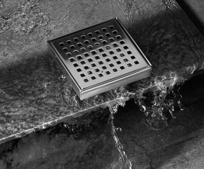 Square Floor Drain with Removable Quadrato Pattern Grate, Stainless Steel 4"/6"