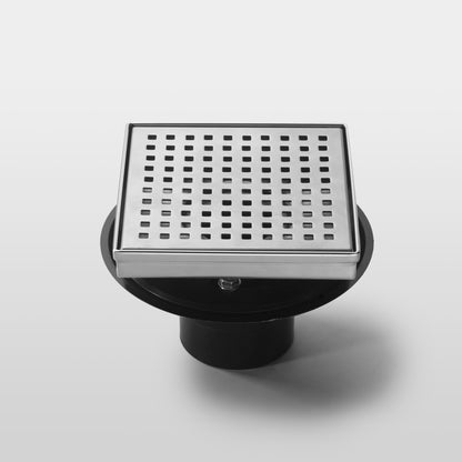 Square Floor Drain with Flat Cover and Removable Square Pattern Grate, Stainless Steel with Drain Base Flange 4"/6"