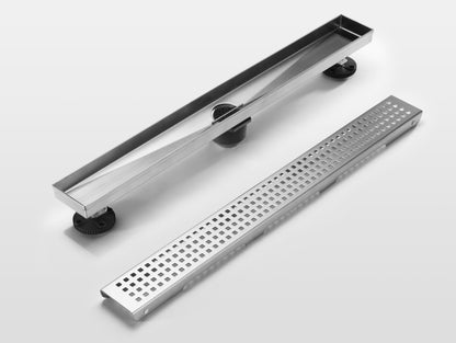 Linear Floor Drain with Removable Quadrato Pattern Grate, Stainless Steel, 24"/36"/48"