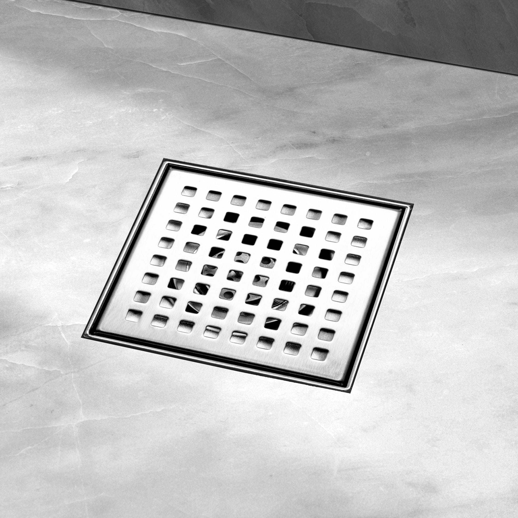 Square Floor Drain with Removable Quadrato Pattern Grate, Stainless Steel 4"/6"