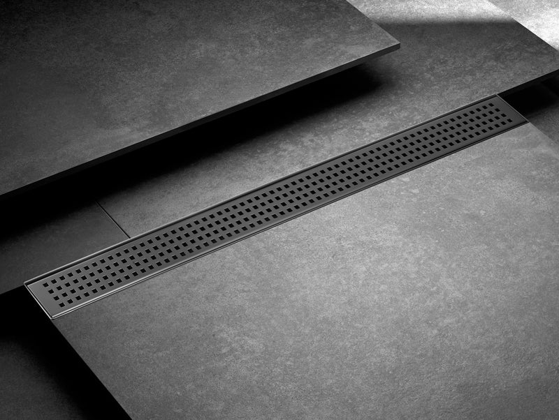 HEATGENE 24"/36" Stainless Steel Linear Rectangle Shower Floor Drain with Removable Quadrato Pattern Grate, Matte Black HB-LDN-MB