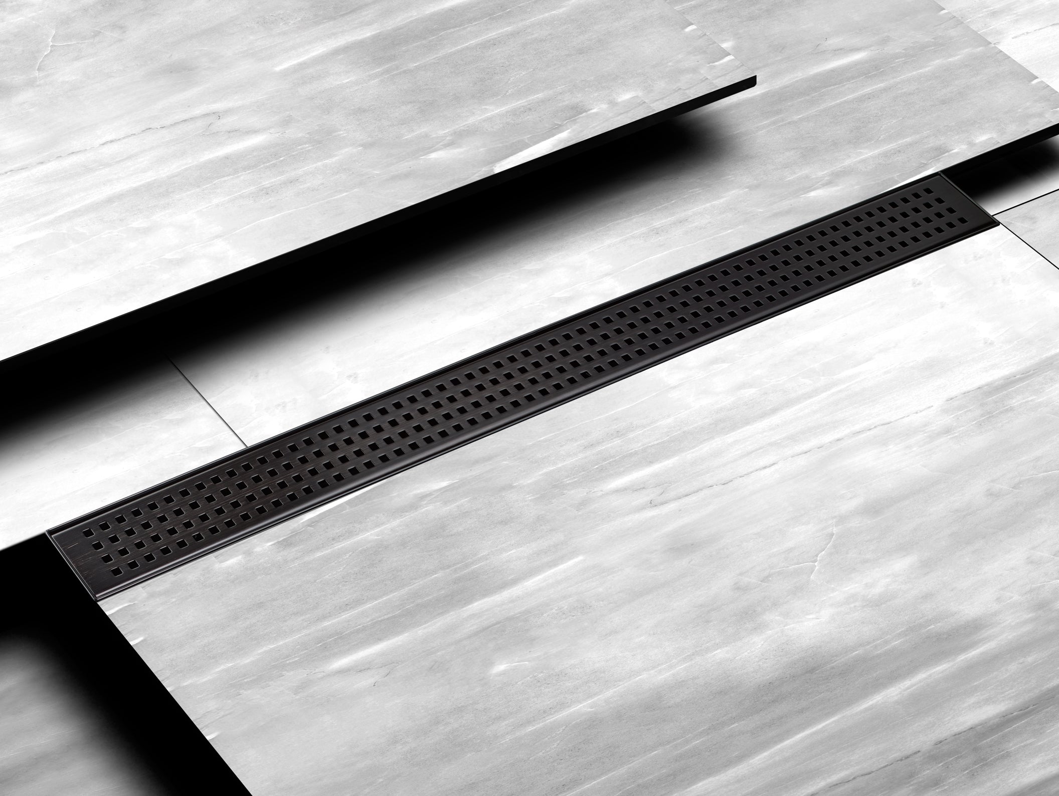 Linear Floor Drain with Removable Quadrato Pattern Grate, Stainless Steel, 24"/36"/48"