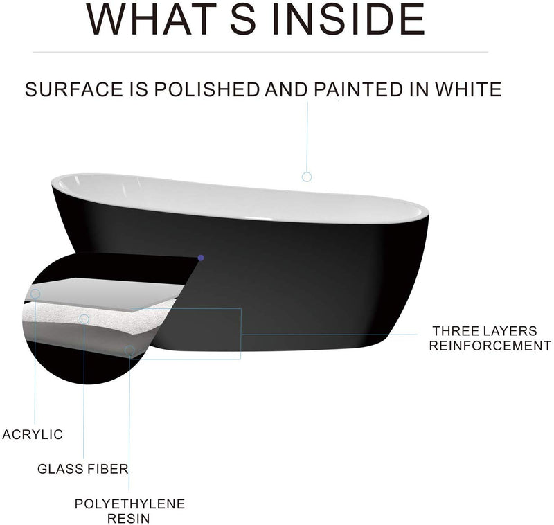 HEATGENE 68" Acrylic Freestanding Bathtub UPC Certified - Matte Black (outside) & White (inside) HG416-CF37