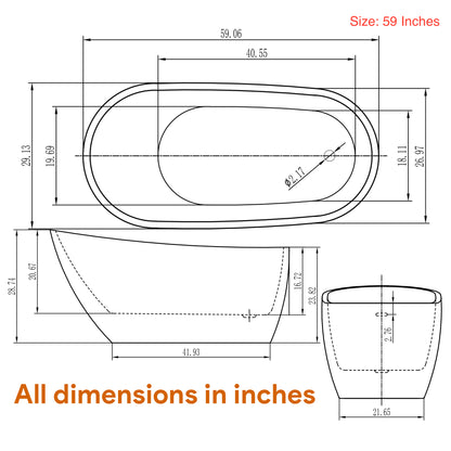 Acrylic Freestanding Soaking Bathtub, UPC Certified, Drain & Overflow Assembly Included