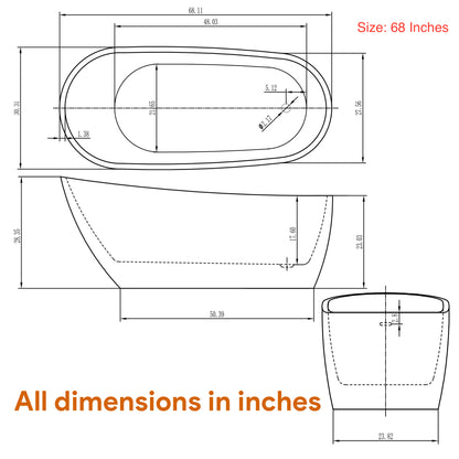 Acrylic Freestanding Soaking Bathtub, UPC Certified, Drain & Overflow Assembly Included