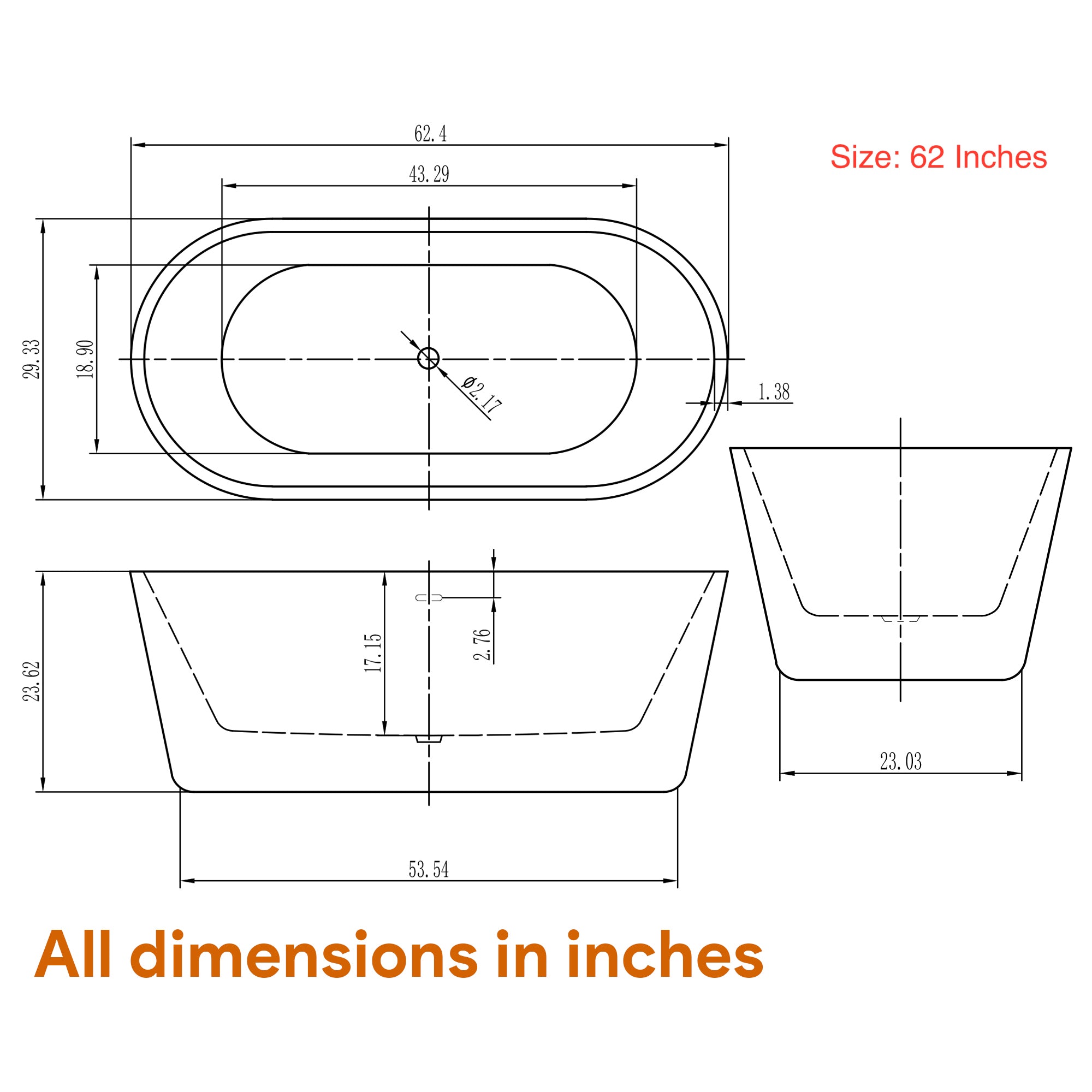 Freestanding Soaking Bathtub, Acrylic, UPC Certified, Drain & Overflow Assembly Included