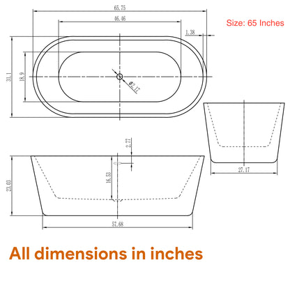 Freestanding Soaking Bathtub, Acrylic, UPC Certified, Drain & Overflow Assembly Included