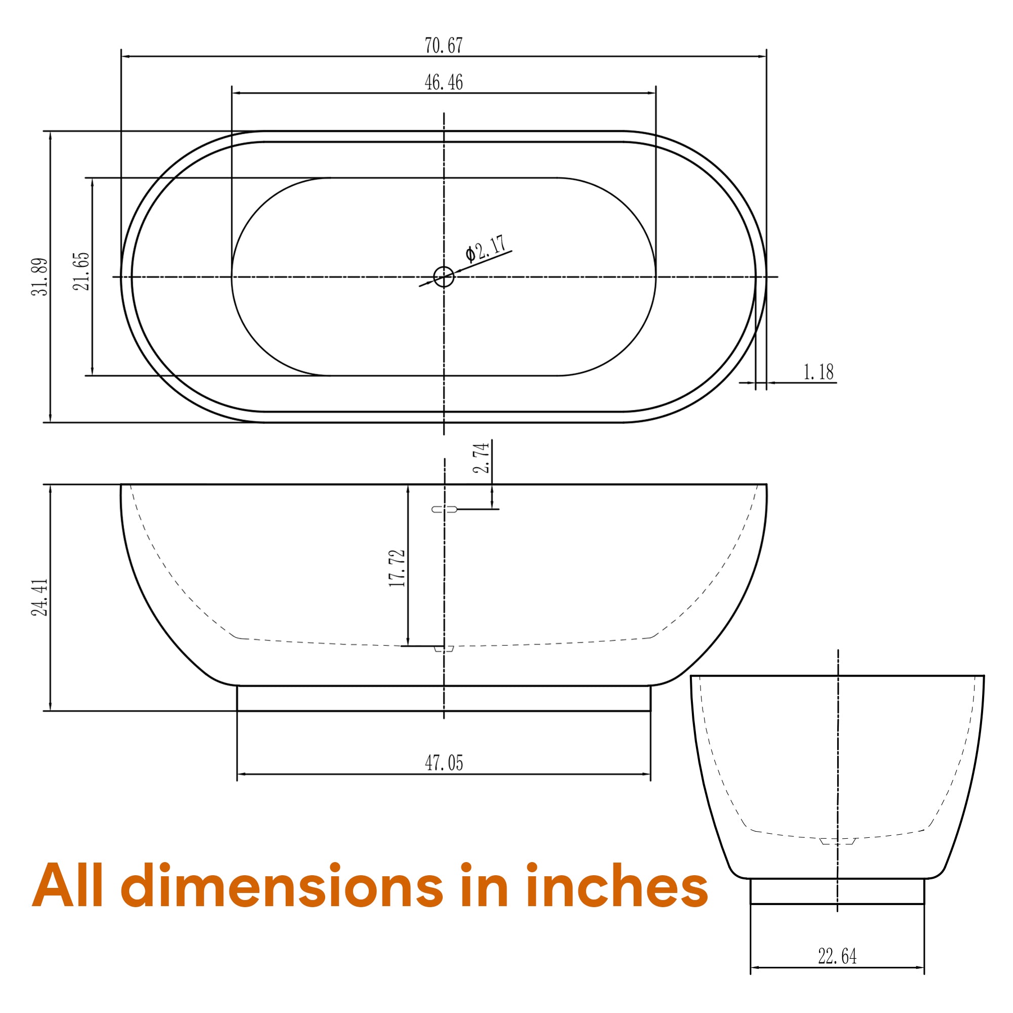 Freestanding Soaking Bathtub, 70" Acrylic, UPC Certified, Drain & Overflow Assembly Included