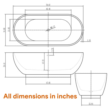 Freestanding Soaking Bathtub, 70" Acrylic, UPC Certified, Drain & Overflow Assembly Included