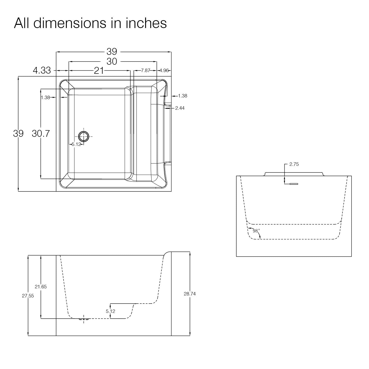 Freestanding Bathtub, 39" Square Acrylic, Contemporary Soaking Tub,UPC Certified Drain & Overflow Included