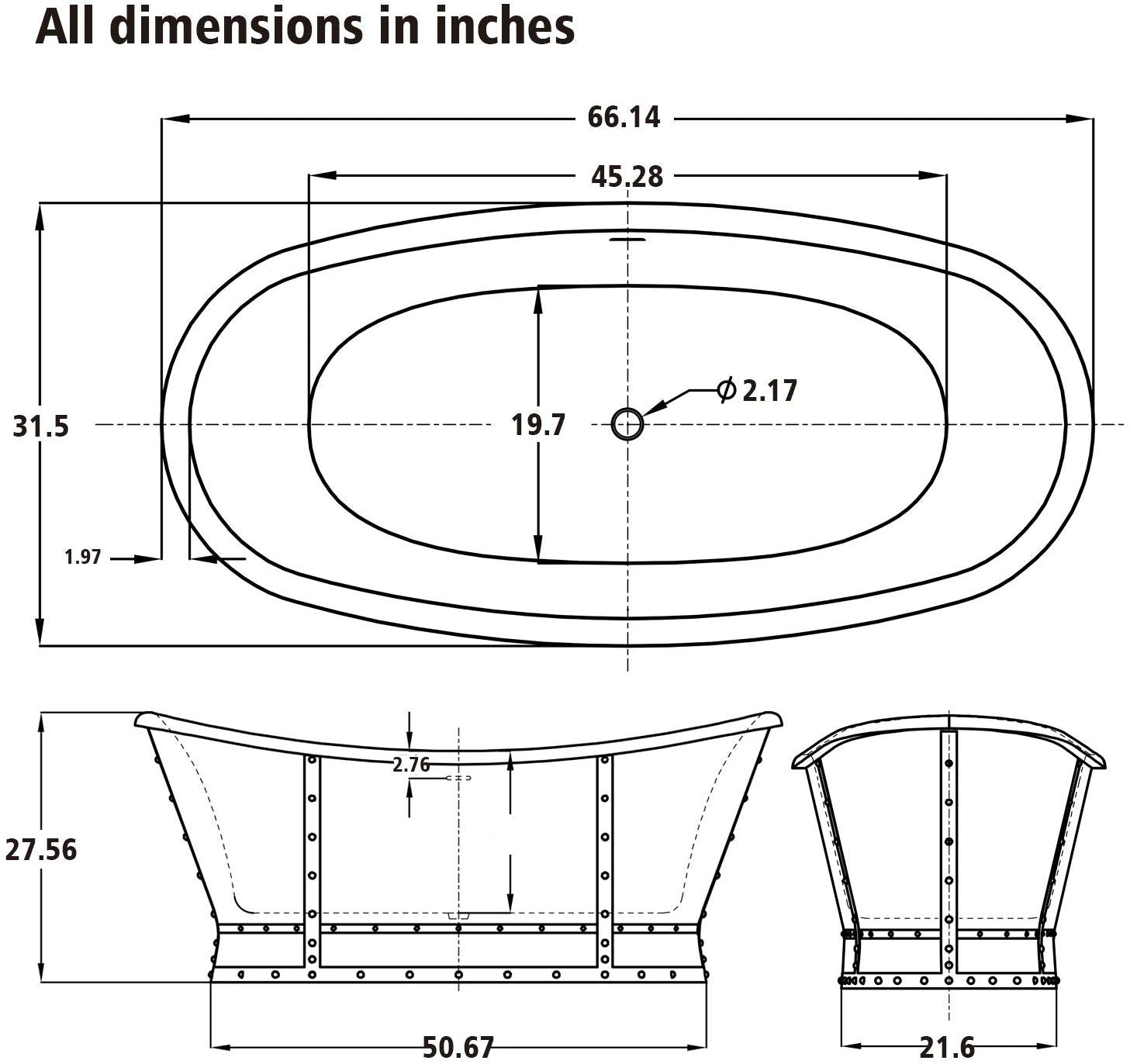 Freestanding Bathtub Copper Skirt 66" Acrylic, UPC Certified