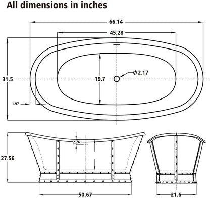 Freestanding Bathtub Copper Skirt 66" Acrylic, UPC Certified